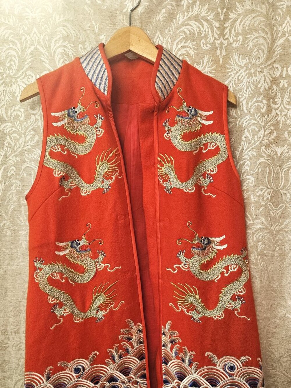 Embroidered dragons clouds waves long red felt traditional Chinese vest